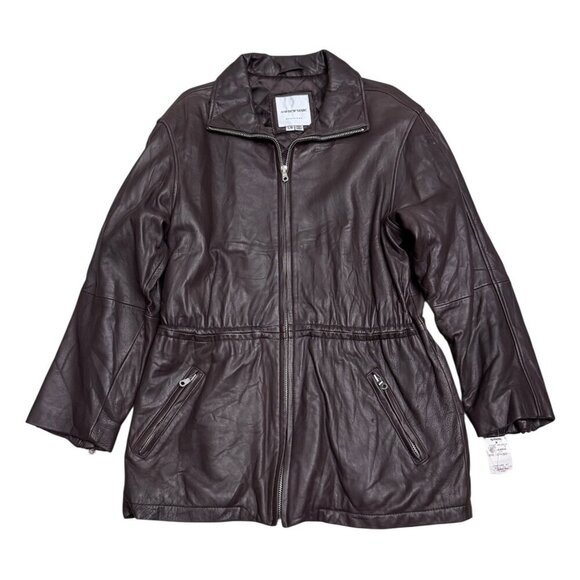 ANDREW MARC LEATHER Luxury Designer Brown Business Casual Coat Womens Large - Picture 1 of 7